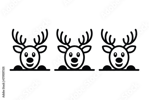 Three cartoon reindeer heads with antlers peek over a horizontal line.