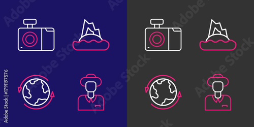 Set line Tourist, Worldwide, Tropical island in ocean and Photo camera icon. Vector