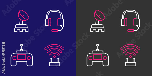 Set line Router and wi-fi signal, Drone remote control, Headphones with microphone and Radar icon. Vector