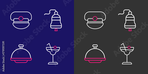 Set line Cocktail, Covered with tray, Ship bell and Captain hat icon. Vector