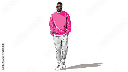Confident Young Man in Pink Pullover Standing Stylishly - Vector Illustration
