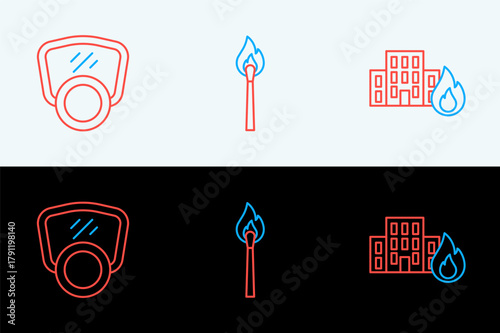 Set line Fire in burning buildings, Gas mask and Burning match with fire icon. Vector
