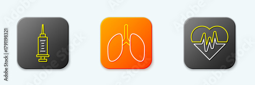 Set line Syringe, Lungs and Heart rate icon. Vector