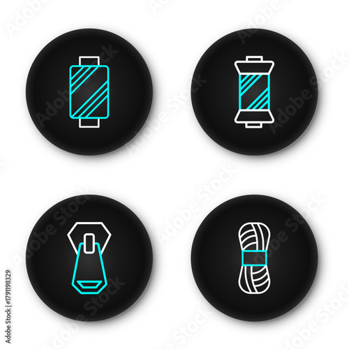 Set line Yarn, Zipper, Sewing thread on spool and icon. Vector