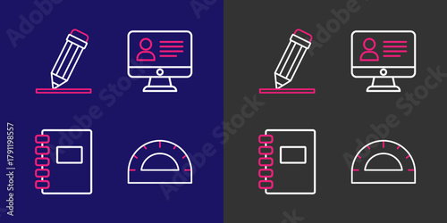 Set line Protractor grid, Spiral notebook, Online class and Pencil with eraser icon. Vector