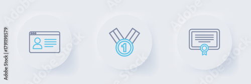 Set line Certificate template, Medal and Online class icon. Vector