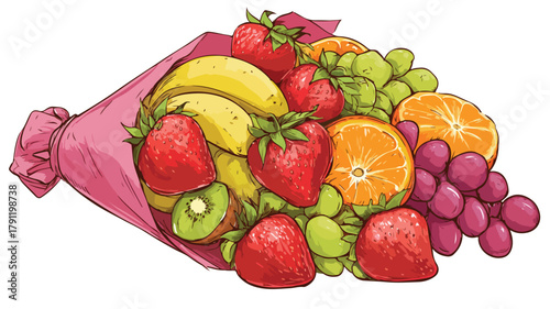 Vibrant Ripe Juicy Fruit Bunch Bouquet Wrap Vector with Outlines