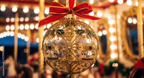 Ornate golden Christmas ornament with a red bow, festive carousel lights softly blurred background