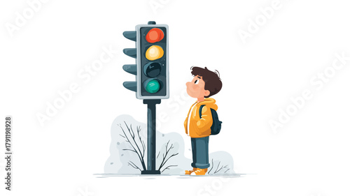 Young Boy Observing Traffic Light - Vector Illustration