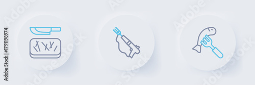 Set line Served fish on a plate, Fishing harpoon and Cutting board and knife icon. Vector