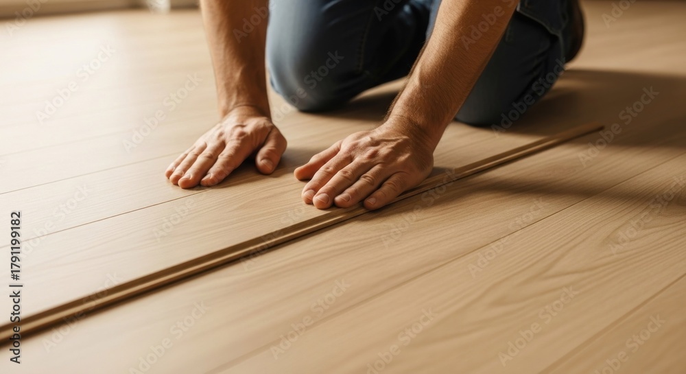 Fototapeta premium Person kneeling on light wood floor, hands resting, installing new flooring strips