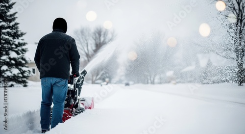 Person clearing deep snow from a residential street with a powerful snow blower