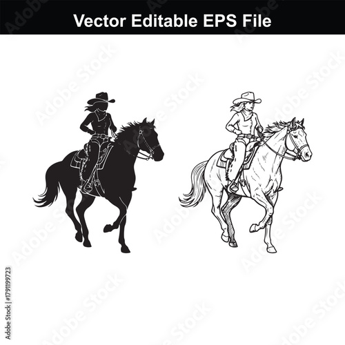 Silhouette of a cowgirl riding a horse in front of a barn, contrasted with a line drawing of a cowgirl on a horse and barn