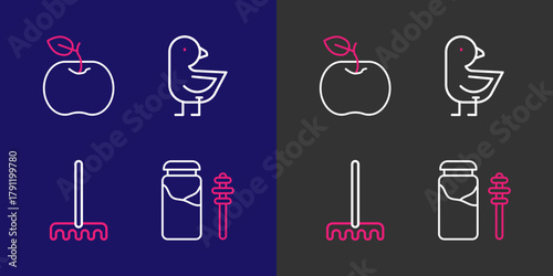 Set line Jar of honey and dipper stick, Garden rake, Little chick and Apple icon. Vector
