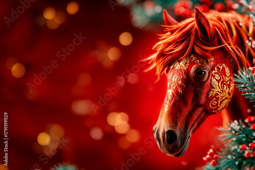 chinese asian new year symbol red horse fire with gold patterns for calendar and cards 2026