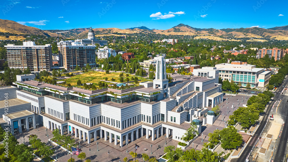 Fototapeta premium Aerial Conference Center Downtown Salt Lake City Utah With Capitol Building And Mountains