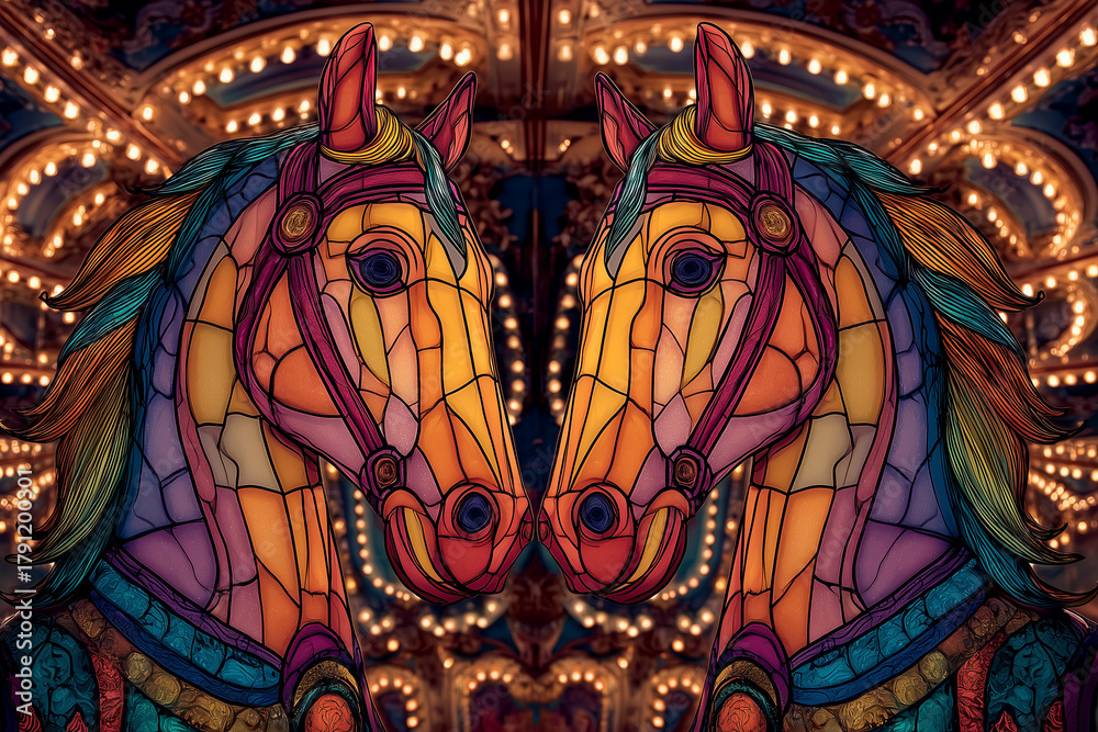 Obraz premium Colorful stained glass carousel horses illuminated by night lights 