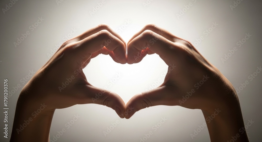 Obraz premium Silhouette of two hands forming a heart shape, brightly backlit on a gradient background