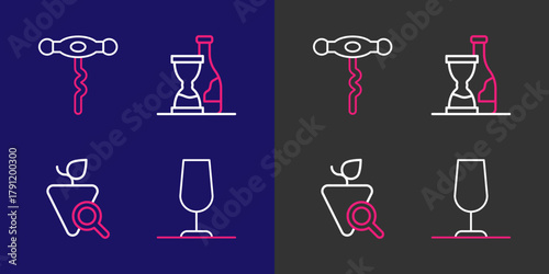 Set line Wine glass, Grapes, Bottle of wine and corkscrew icon. Vector