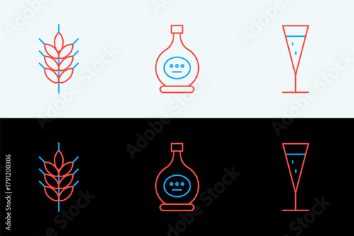 Set line Glass of champagne, Hop and Bottle cognac or brandy icon. Vector