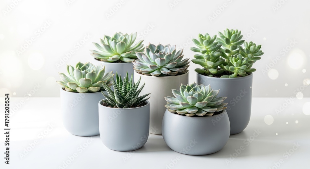 Fototapeta premium Six diverse succulent plants in modern grey pots arranged on a bright white surface, bokeh