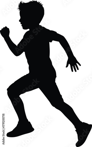 Running child silhouette illustration, active kid vector, black artwork, motion pose icon, youth anatomy, energetic design, playtime concept