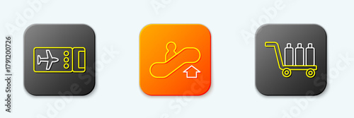 Set line Airline ticket, Escalator up and Trolley baggage icon. Vector