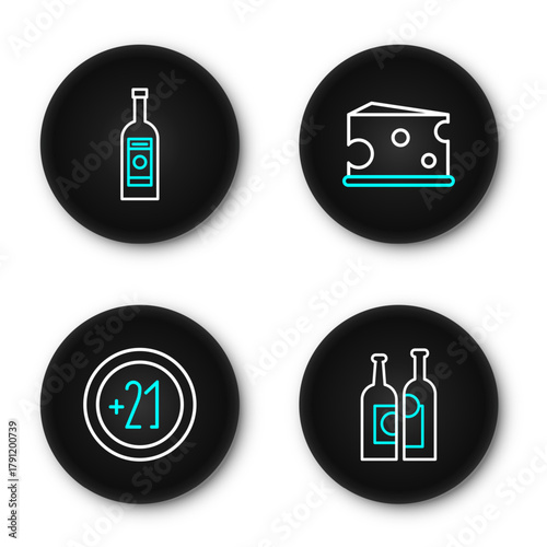 Set line Bottles of wine, Alcohol 21 plus, Cheese and Glass bottle vodka icon. Vector