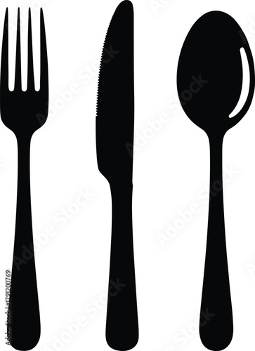 Cutlery silhouette illustration, fork knife spoon vector, dining utensils icon, kitchenware design, black artwork, meal concept, food service theme