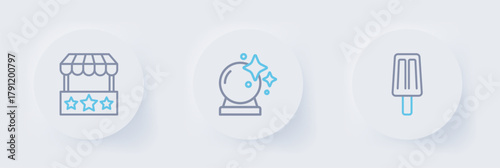 Set line Ice cream, Magic ball and Ticket box office icon. Vector