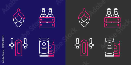 Set line Beer can, tap, Pack of beer bottles and Hop icon. Vector