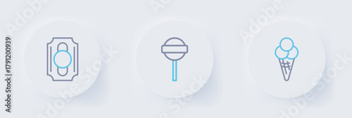 Set line Ice cream in waffle cone, Lollipop and Circus ticket icon. Vector