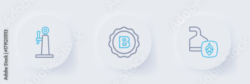 Set line Beer brewing process, Bottle cap with beer and tap icon. Vector