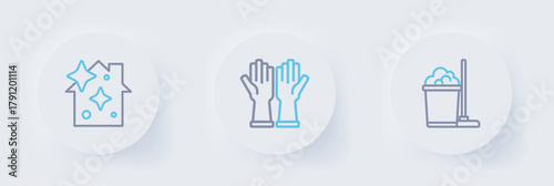 Set line Mop and bucket, Rubber gloves and Home cleaning service icon. Vector