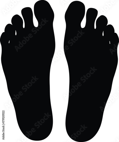 Human feet silhouette illustration, anatomical foot vector, podiatry icon, black artwork, footprint design, orthotic template, toe detail, medical concept