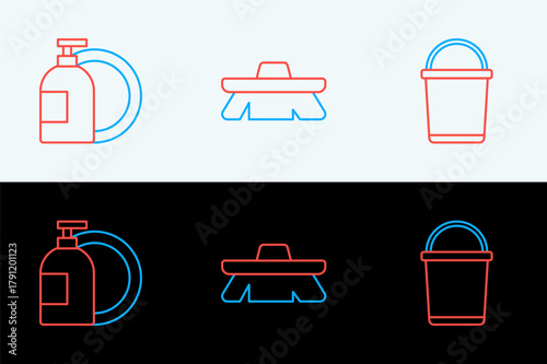 Set line Bucket, Dishwashing liquid bottle and Brush for cleaning icon. Vector