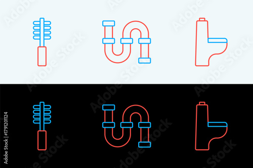 Set line Toilet bowl, brush and Industry metallic pipe icon. Vector