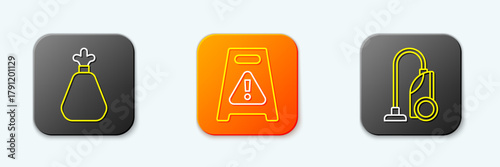 Set line Garbage bag, Wet floor and Vacuum cleaner icon. Vector