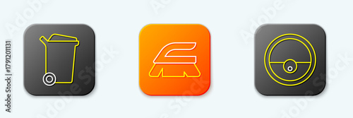 Set line Trash can, Brush for cleaning and Robot vacuum cleaner icon. Vector