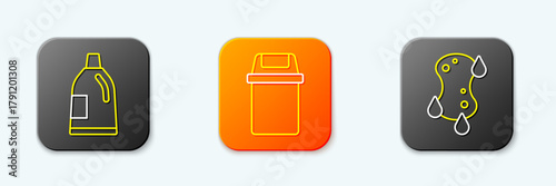 Set line Bottle for cleaning agent, Trash can and Sponge icon. Vector