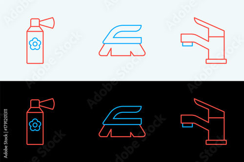 Set line Water tap, Air freshener spray bottle and Brush for cleaning icon. Vector