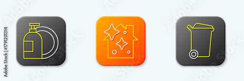 Set line Dishwashing liquid bottle, Home cleaning service and Trash can icon. Vector