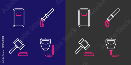 Set line Walkie talkie, Judge gavel, Police rubber baton and assault shield icon. Vector