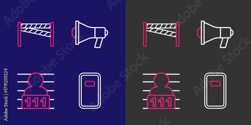 Set line Police assault shield, Suspect criminal, Megaphone and Crime scene icon. Vector