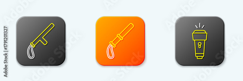 Set line Police rubber baton, and Flashlight icon. Vector