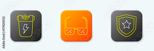 Set line Police electric shocker, Safety goggle glasses and badge icon. Vector