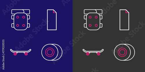 Set line Skateboard wheel, Grip tape on skateboard and Knee pads icon. Vector