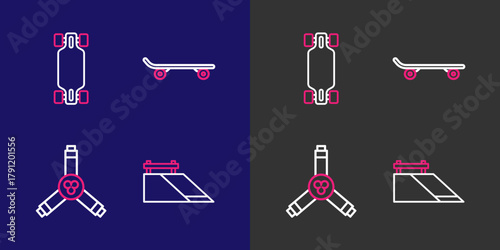 Set line Skate park, Skateboard Y-tool, and Longboard or skateboard icon. Vector