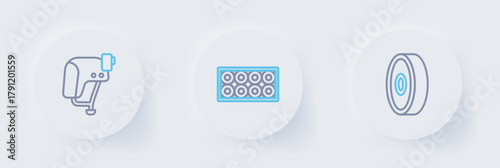 Set line Skateboard ball bearing, wheel and helmet icon. Vector