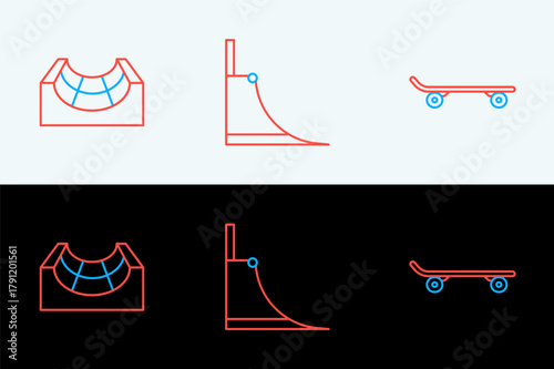 Set line Skateboard, park and icon. Vector